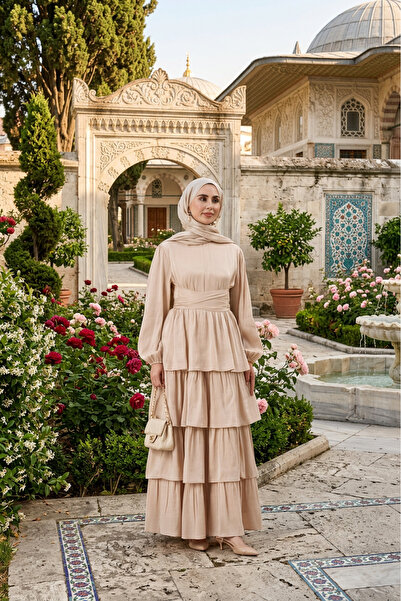 Sevitli Layered Detailed Belted Alina Hijab Evening Dress-Beige