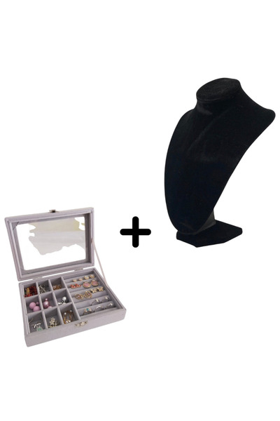 OEM Set bust negru catifelat pentru depozitarea bijuteriilor+ cutie gri cu 9 ...