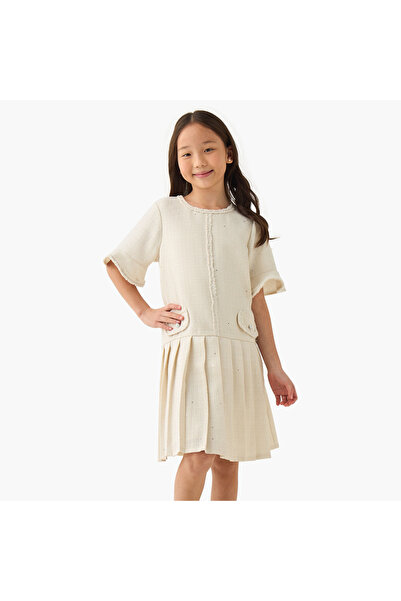 ELIGO Round Neck Short Sleeves Knee Length Dress with Pleats