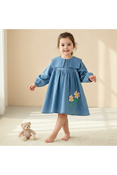 Juniors Round Sailor Neck Long Sleeve Denim Dress with Floral Embroidery
