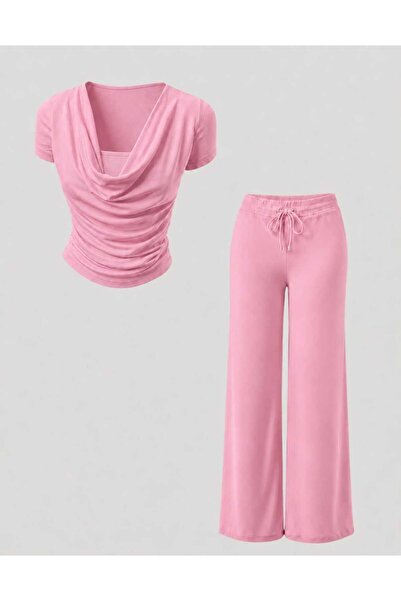 EVOA Women's Pink Degaje Collar Draped Blouse and Wide-Legged Pants Set