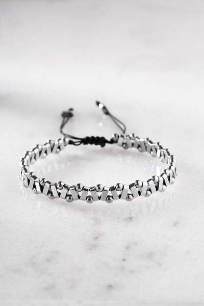 Nereze In-Line Tiny Bulk Hematite Natural Stone Knitted Model Macrame Men's Bracelet