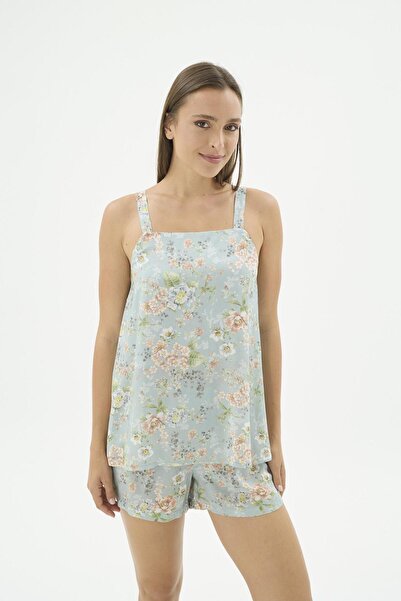 Sevim Women's Thin Strap Shorts Floral Patterned Blue Pajama Set C5T2N571