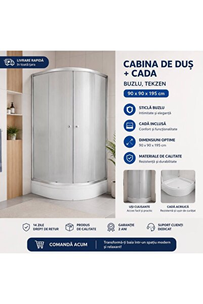 TEKZEN Cabină de duș semirotundă cu cădiță acrilică, sticlă tip buzlă, 90 x 9...