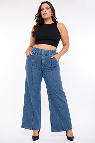 ZANESSİ FASHION Plus Size Denim High Waist Wide Leg Women's Trousers