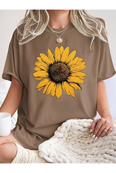 JENOLAN Tricou oversize cu imprimeu floarea-soarelui pentru femei, lejer
