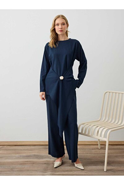 Refka Gold Buckle Detailed Tunic & Trousers Linen Set - Navy Blue -