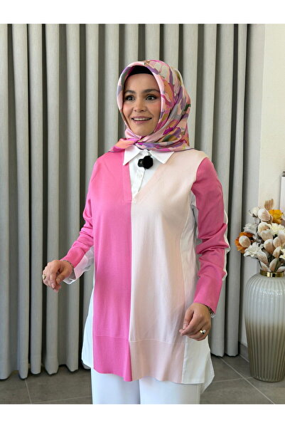 Tığ Triko İKİ RENKLİ GÖMLEK YAKA TUNİK PEMBE