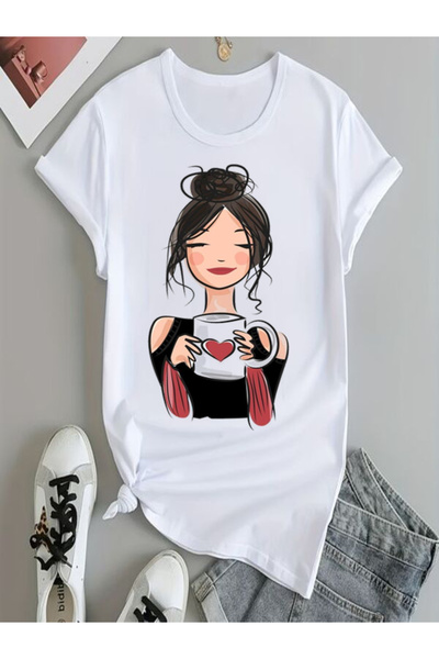 COZYWEAR تي شيرت نسائي مطبوع عليه كوب على شكل قلب