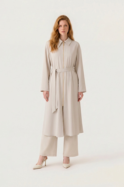Zühre High Collar Belted Dress with Embroidery Detail in Beige Giy Çık 0387