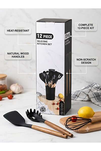 Spoon 12-Piece Silicone Kitchen Utensils Set with Holder – Premium Wooden Han...