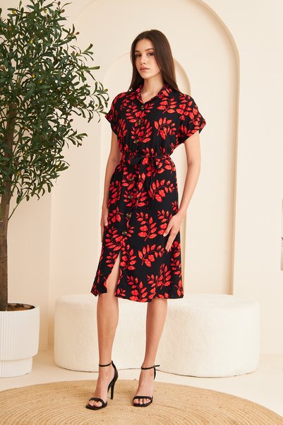 Si&Su Women's Patterned Belted Short Sleeve Shirt Dress