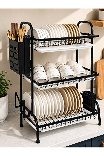 N.zone Luxury 3-Tier Metal Dish Drying Rack with Water Drain Trays and Side U...