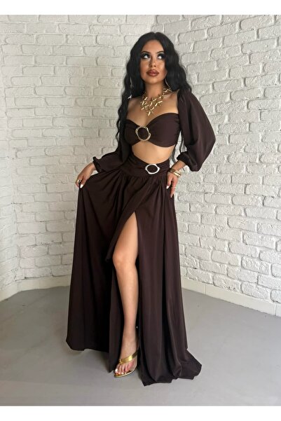 moneta boutique Kadın Tokalı Büstiyer Ve Yırtmaçlı Etek Şifon Takım