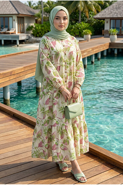 PALME D'OR Women's Floral Patterned Layered Buttoned Hijab Dress