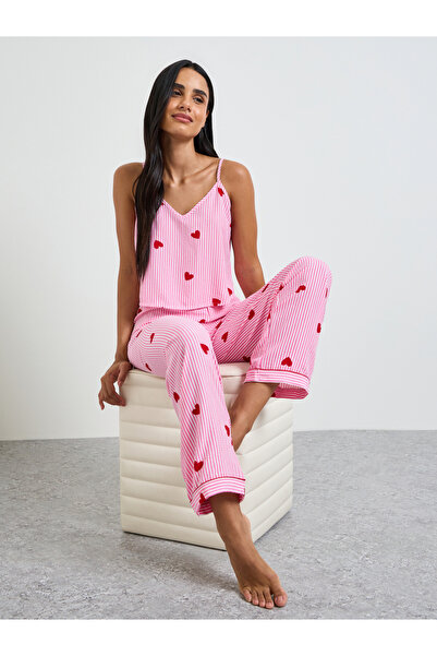 Take Two By Styli Red Heart Striped Print Cami and Pyjama Set