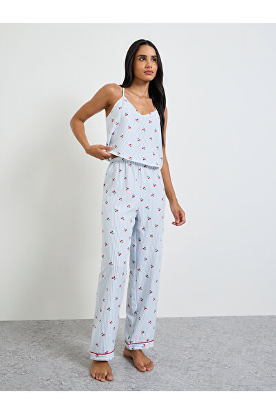Take Two By Styli Blue Cherry Striped Print Cami and Pyjama Set