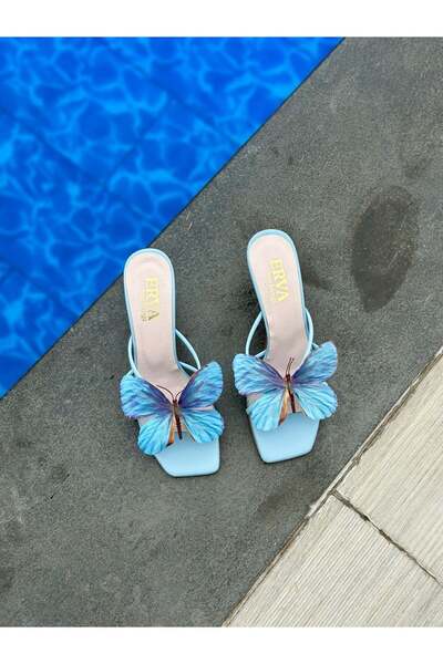 ERVANIN BUTİĞİ Blue Skin (Butter) Blue Butterfly Heeled Women's Slippers