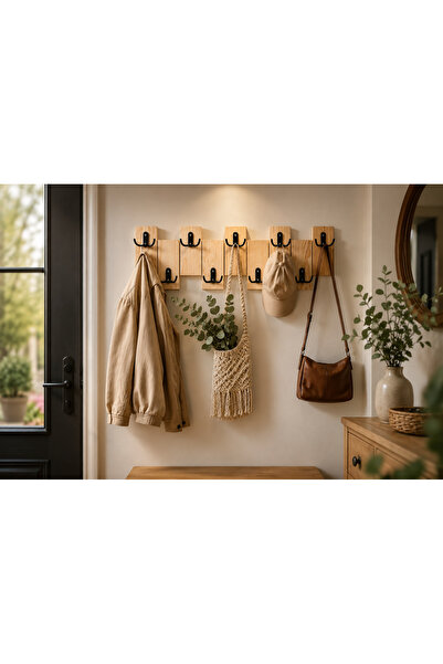 Trend Kitchen Modern 9 Adet Siyah Metal Kancalı 1.Kalite Çam Ahşap Antre, Hol...