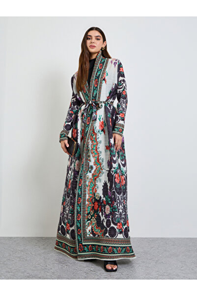 Take Two By Styli Printed Textured Pleated Open Front Abaya