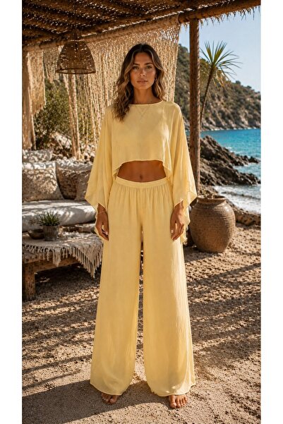 FELLMENS Yellow Lux Chiffon Fabric Blouse and Pants Beach Wear 2-Piece Set L/Xl