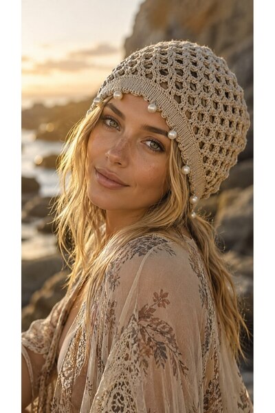 FELLMENS Mink Hand Knitted Pearl Bead Detailed Mesh Hat Beanie
