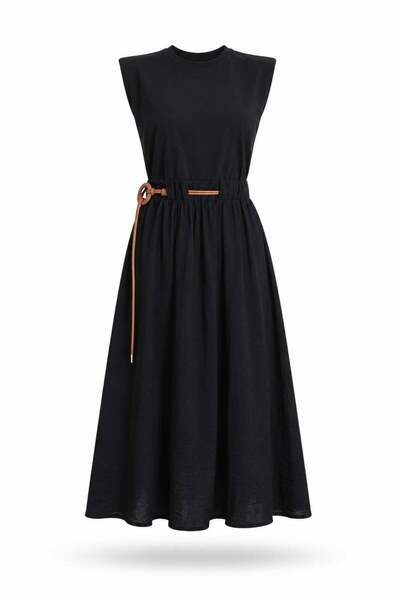 5in1Canpolat Black Belted Maxi Dress 37553