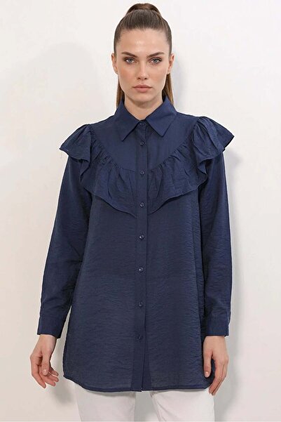 Generic Brand Women's Shirt Collar Ruffle Detailed Navy Blue Tunic