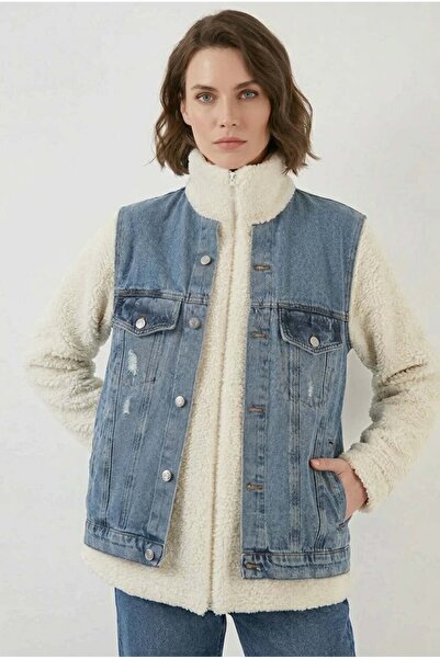Generic Brand Women's High Collar Denim Plush Ripped Detailed Cotton Navy Blu...
