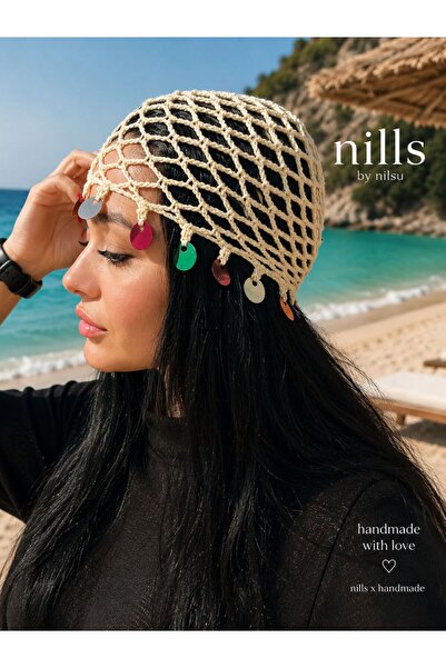 NİLLS قبعة محبوكة يدويًا مزينة بالترتر الملون، قبعة شبكية محبوكة يدويًا، إكسس...