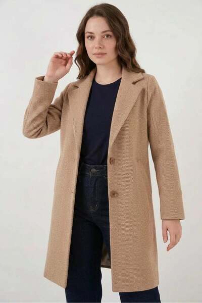 ALFA AKSESUAR 03 Women's Classic Collar Fishback Striped Cashmere Camel Coat