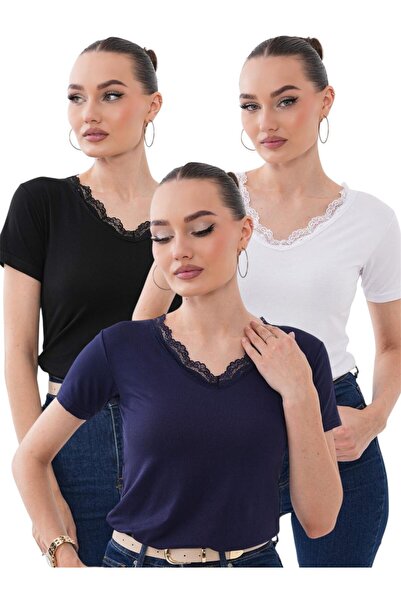 bykombincim V Yaka Dantelli Viskon BODY 3'LÜ KOMBİN