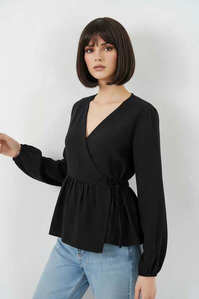 Generic Brand Women's V-Neck Gathered Side Tie Long Sleeve Viscose Black Blouse