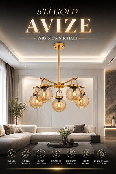 Elvora Home Modern (PREMİUM) Gold Camlı 5'li Avize Bal Rengi Küre Cam Salon A...