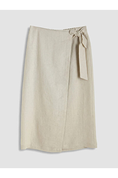 LC Waikiki Beige Tie-Waist Wrap Cut 100% Linen Skirt
