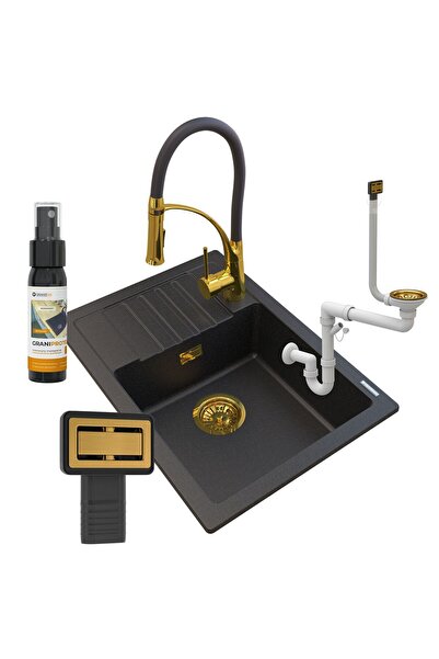 Granitan Set Chiuveta Granit Argos, Negru, 1 Bol, Robinet Auriu Extractibil, ...