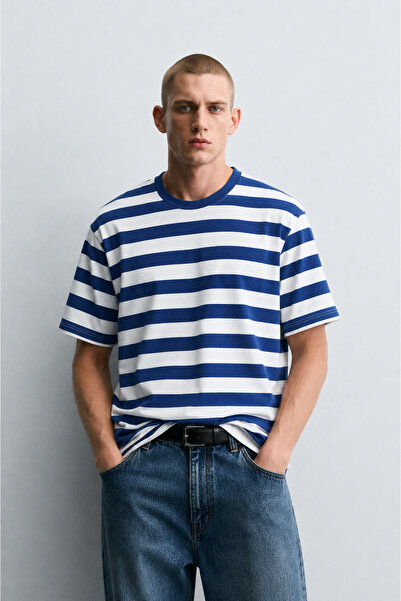BARRELS AND OIL Men's Thick Striped Oversize T-Shirt - Blue