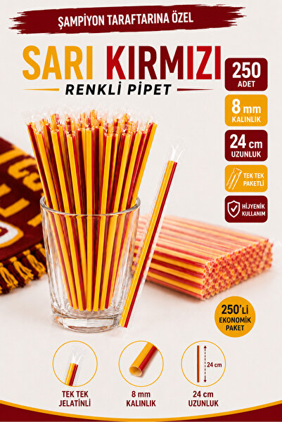 ardin Sarı Kırmızı Renkli Pipet 250 Adet 8 mm 24 cm Jelatinli Tek Tek Paketli...