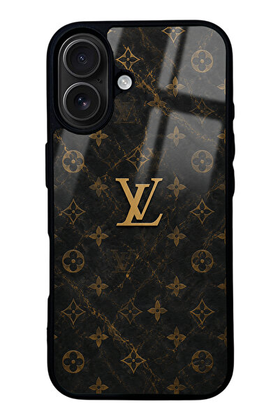 Spoyi iPhone 16 Black Mermer Gold LV Tasarımlı Glossy Telefon Kılıfı