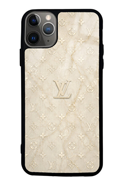 Spoyi iPhone 11 Pro Max Krem Gold LV Tasarımlı Glossy Telefon Kılıfı