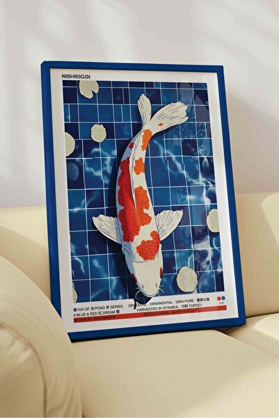 Buka Shops Koi Fish Painting Blue Pond – Modern Illustration Art Poster – Blu...
