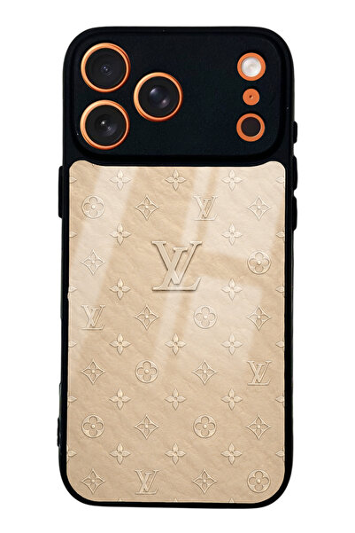 Spoyi iPhone 17 Pro Max Bej Gold LV Tasarımlı Glossy Telefon Kılıfı