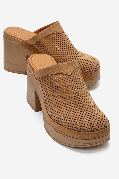 LuviShoes نعال نسائية من الجلد الطبيعي من DEJAS بلون تان سويدي مع كعب سميك