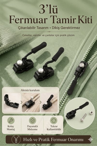 MİMOZA PARK 3'lü Fermuar Tamir Kiti | Dikişsiz Çıkarılabilir Fermuar Başlığı Çanta Valiz Ceket Onarım