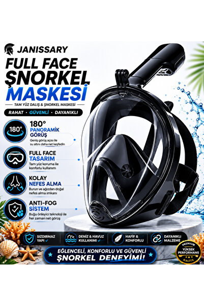 Janissary S / M Full Face Şnorkel Maske Siyah Tam Yüz Dalış Maskesi 180° Pano...