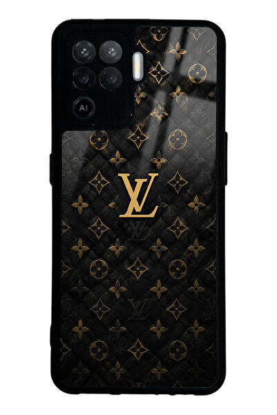 Spoyi Oppo Reno 5 Lite Black Gold LV Tasarımlı Glossy Telefon Kılıfı
