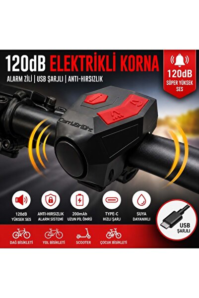 Triline 120 dB USB Şarjlı Bisiklet Kornası Alarm Zili Anti Hırsızlık Elektrik...