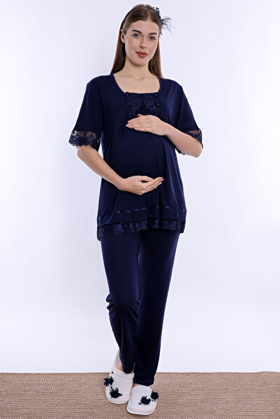 ByLohusa Ayarlanabilir Bel Detaylı Emzirme Özellikli Hamile Lohusa Pijama Tak...