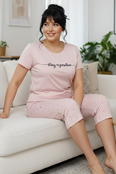 Siyah İnci Patterned Cotton Plus Size Oversized Knitted Capri Pajama Set
