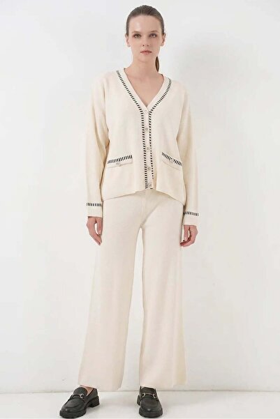 ALFA AKSESUAR 03 Women's V-Neck Embroidered Striped Detailed Knitwear Ecru Set